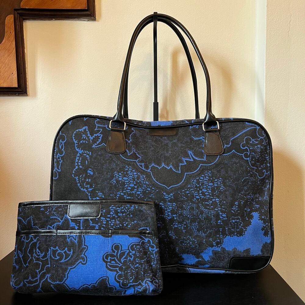 Cobalt Blue Black Canvas Lace Print 2 Piece Travel Bag Set Duffel Accessory Kit